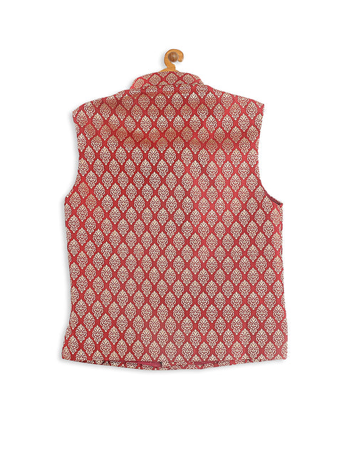 Vastramay SISHU Boys Gold-Toned & Maroon Woven Design Nehru Jackets